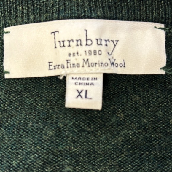 Turnbury Mens XL V-Neck Sweater Dark Green Extra Fine Merino Wool Pullover Shirt - Picture 3 of 7
